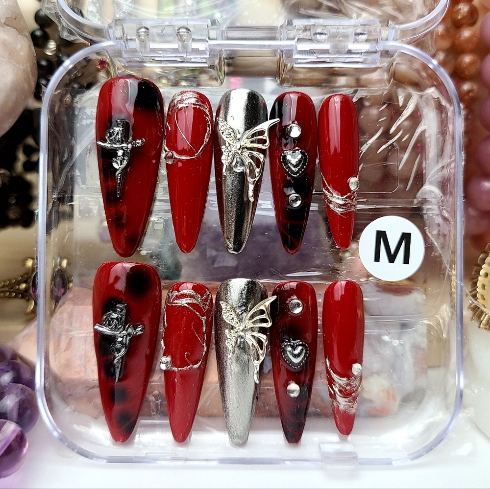 Red and Silver Press-on Nail Set